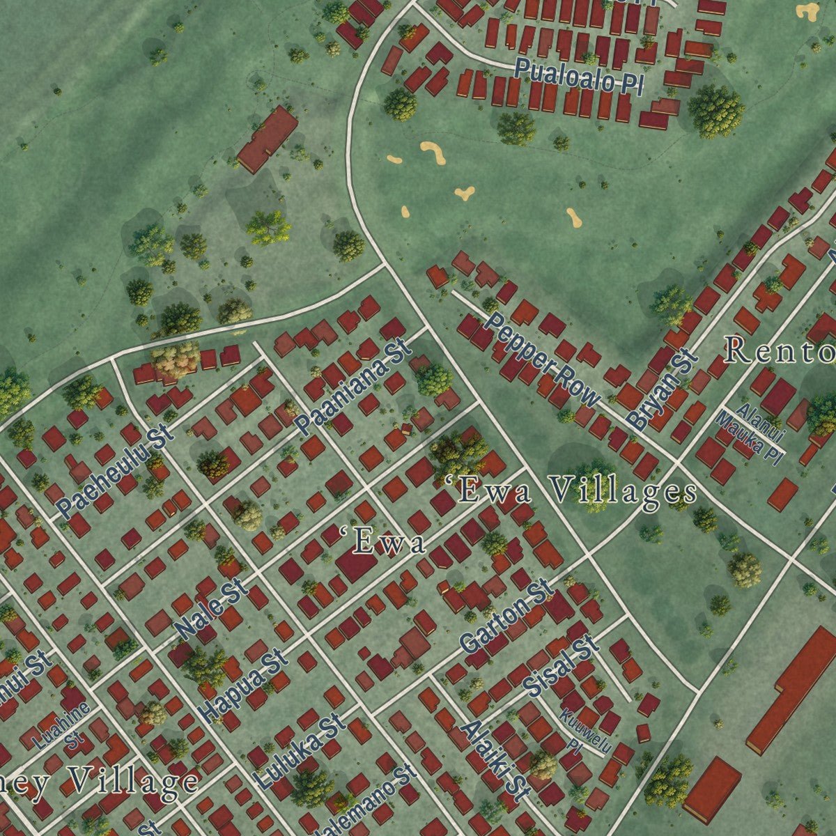 Second close-up of the map of Ewa Villages, Hawaii print showing more streets and buildings
