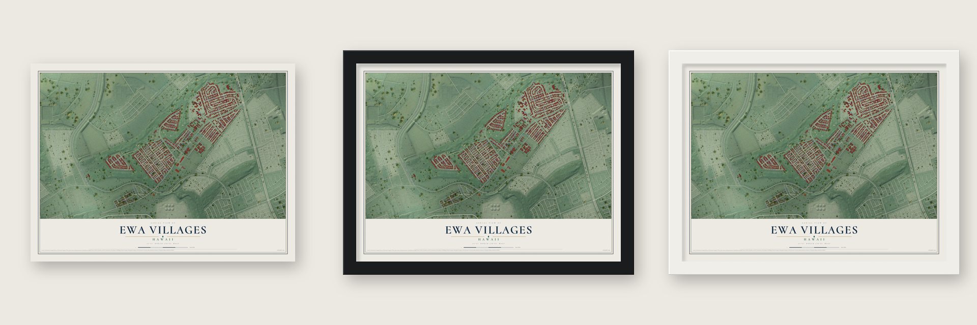 Ewa Villages, Hawaii map unframed, in a black wood frame and in a white wood frame