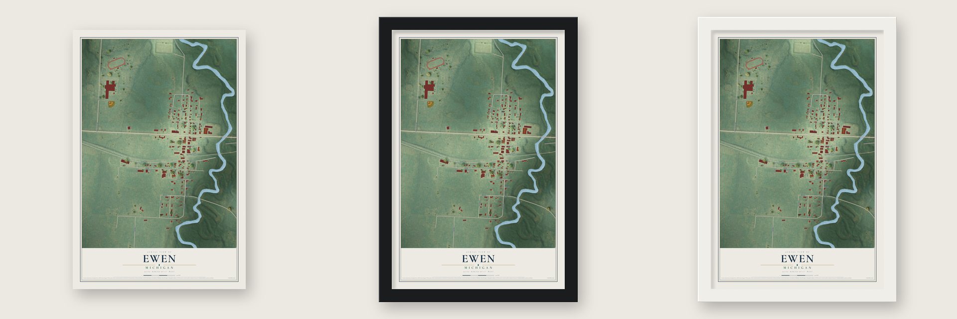 Ewen, Michigan map unframed, in a black wood frame and in a white wood frame