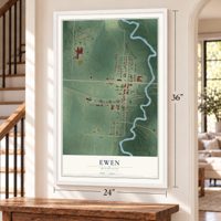 Ewen, Michigan map, 24 x 36 inch print in a white frame by a staircase