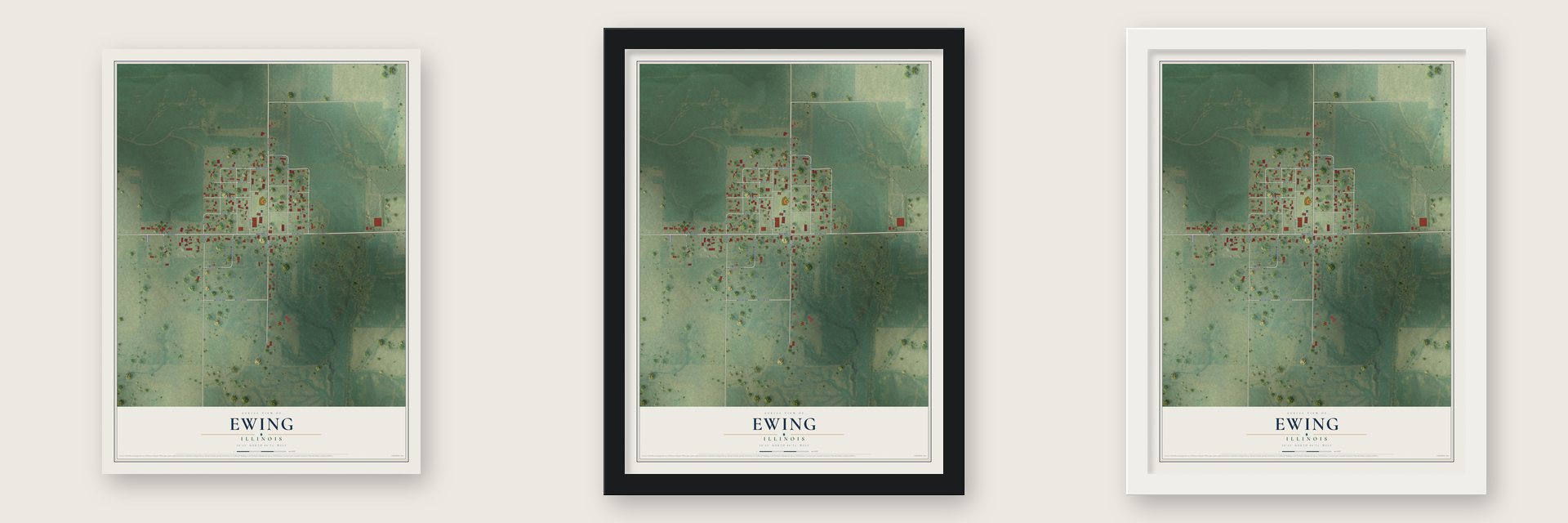 Ewing, Illinois map unframed, in a black wood frame and in a white wood frame