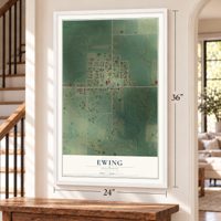 Ewing, Illinois map, 24 x 36 inch print in a white frame by a staircase
