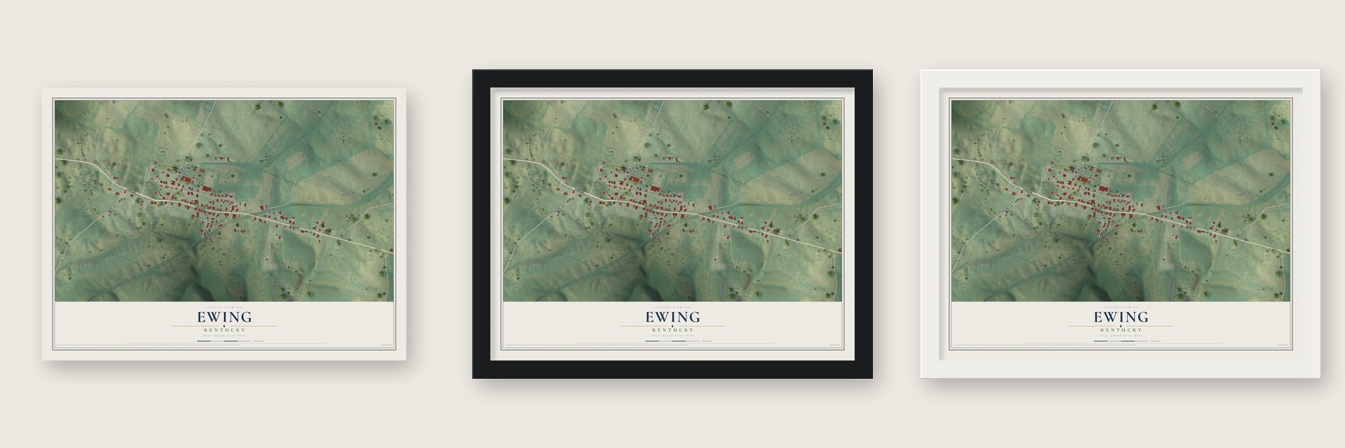 Ewing, Kentucky map unframed, in a black wood frame and in a white wood frame