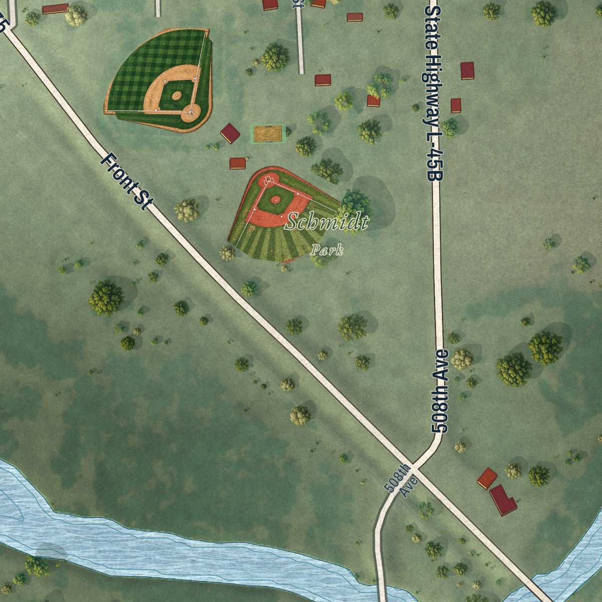 Second close-up of the map of Ewing, Nebraska print showing more streets and buildings