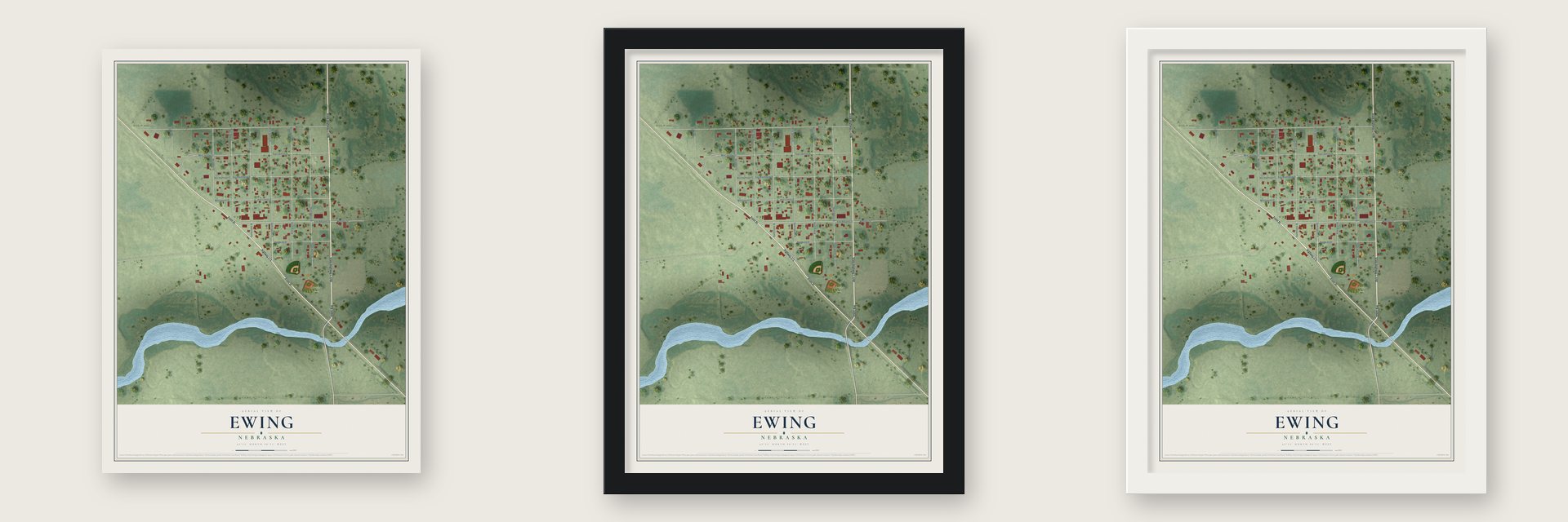 Ewing, Nebraska map unframed, in a black wood frame and in a white wood frame
