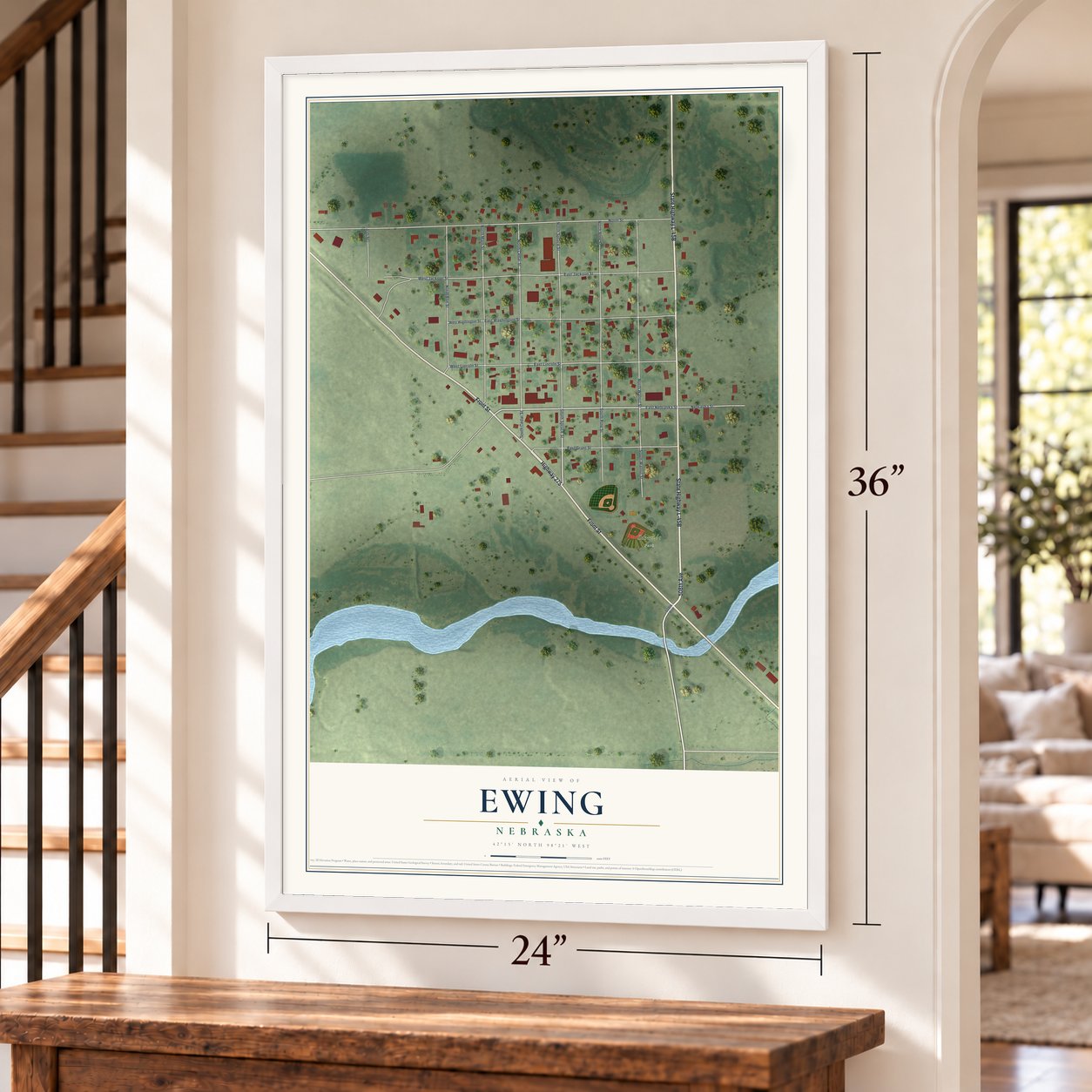 Ewing, Nebraska map, 24 x 36 inch print in a white frame by a staircase