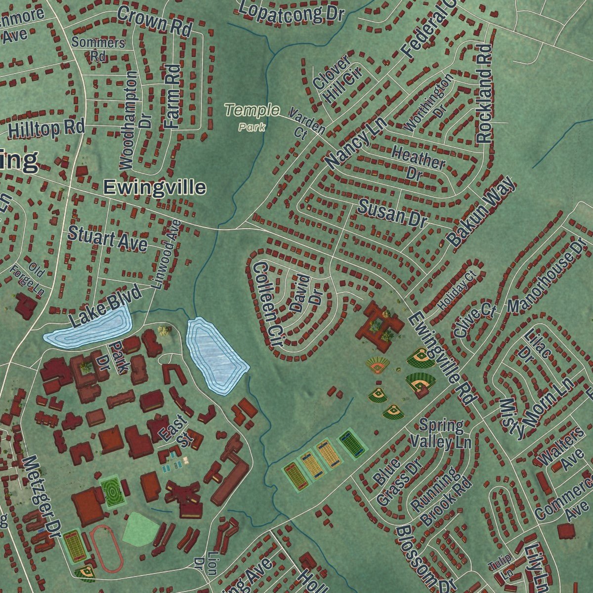 Second close-up of the map of Ewing, New Jersey print showing more streets and buildings