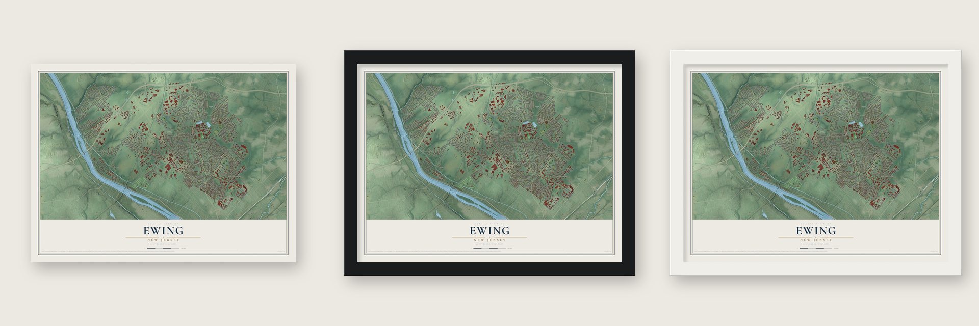 Ewing, New Jersey map unframed, in a black wood frame and in a white wood frame