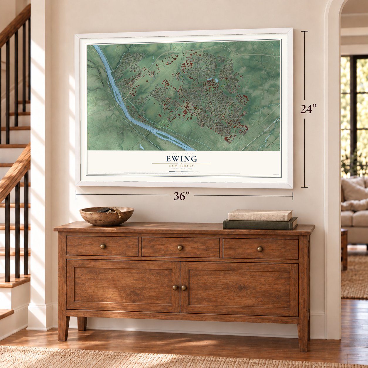 Ewing, New Jersey map, 24 x 36 inch print in a white frame above a dresser by a staircase