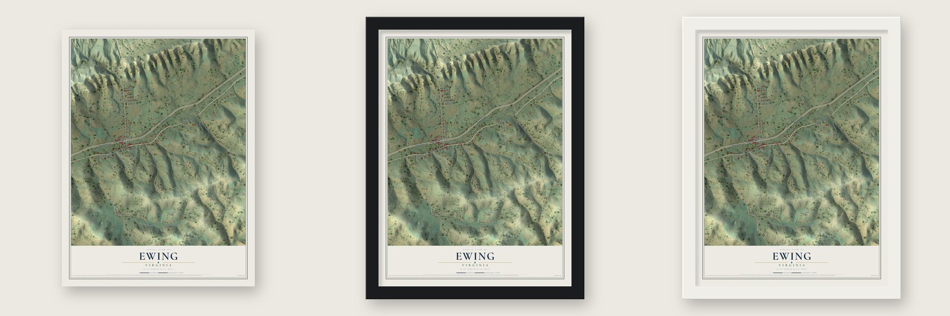 Ewing, Virginia map unframed, in a black wood frame and in a white wood frame