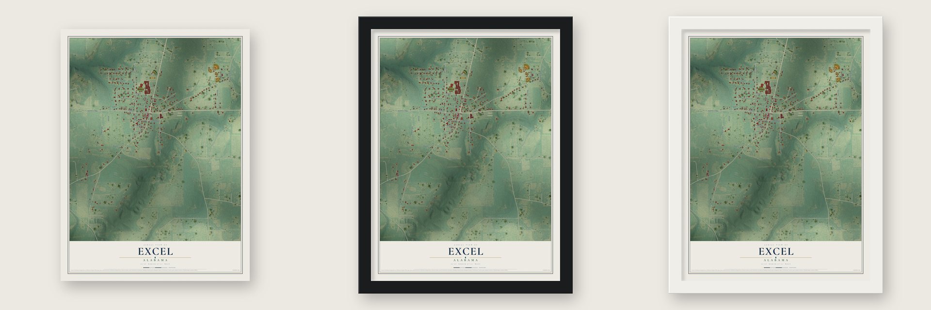 Excel, Alabama map unframed, in a black wood frame and in a white wood frame