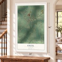 Excel, Alabama map, 24 x 36 inch print in a white frame by a staircase