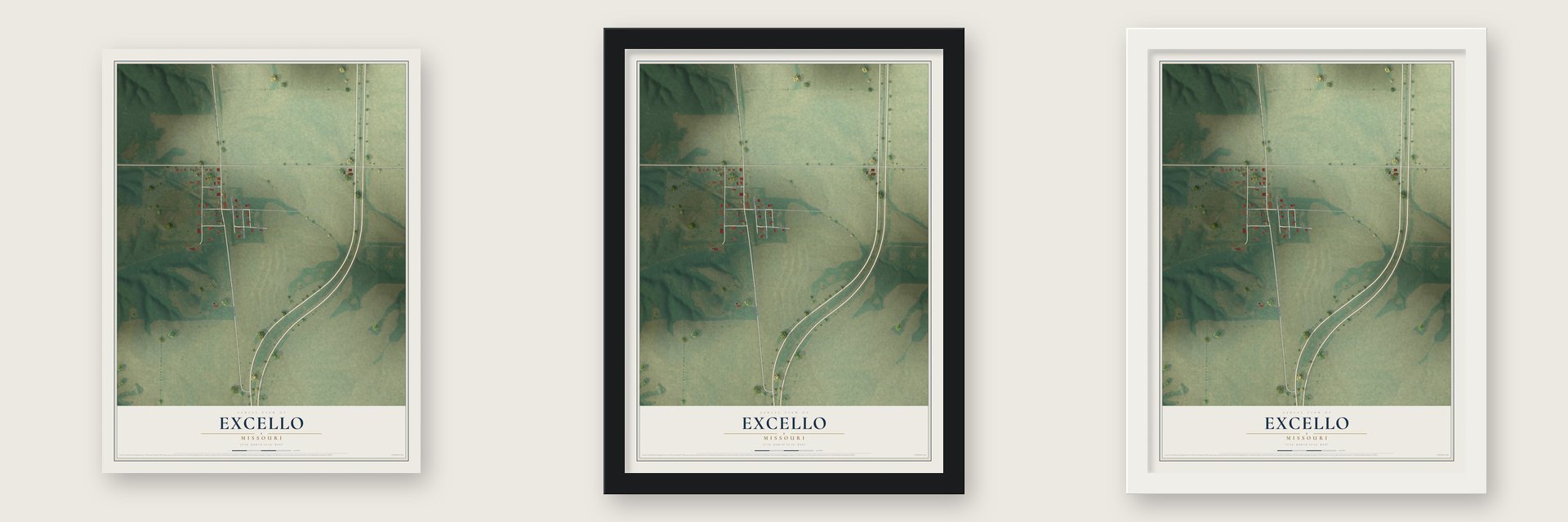 Excello, Missouri map unframed, in a black wood frame and in a white wood frame
