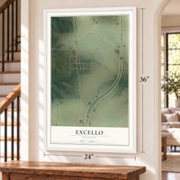 Excello, Missouri map, 24 x 36 inch print in a white frame by a staircase