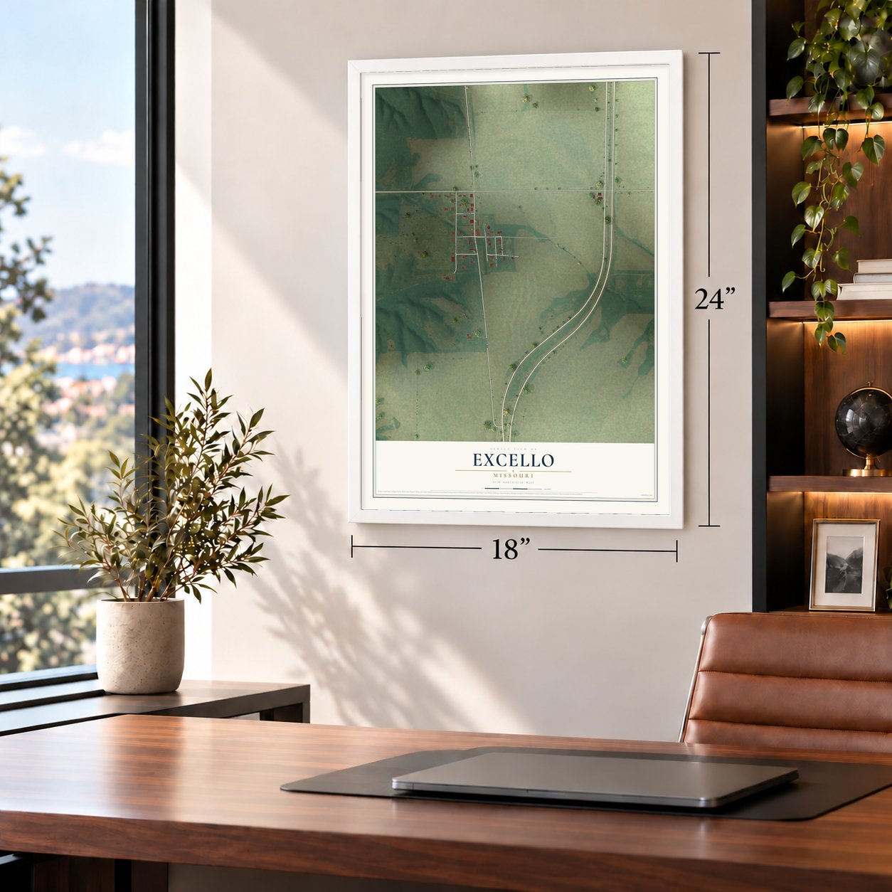Excello, Missouri map, 18 x 24 inch print in a white frame in a home office