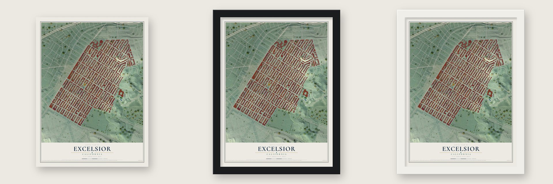 Excelsior, California map unframed, in a black wood frame and in a white wood frame