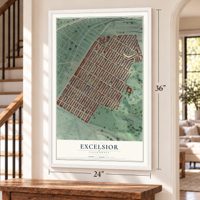 Excelsior, California map, 24 x 36 inch print in a white frame by a staircase