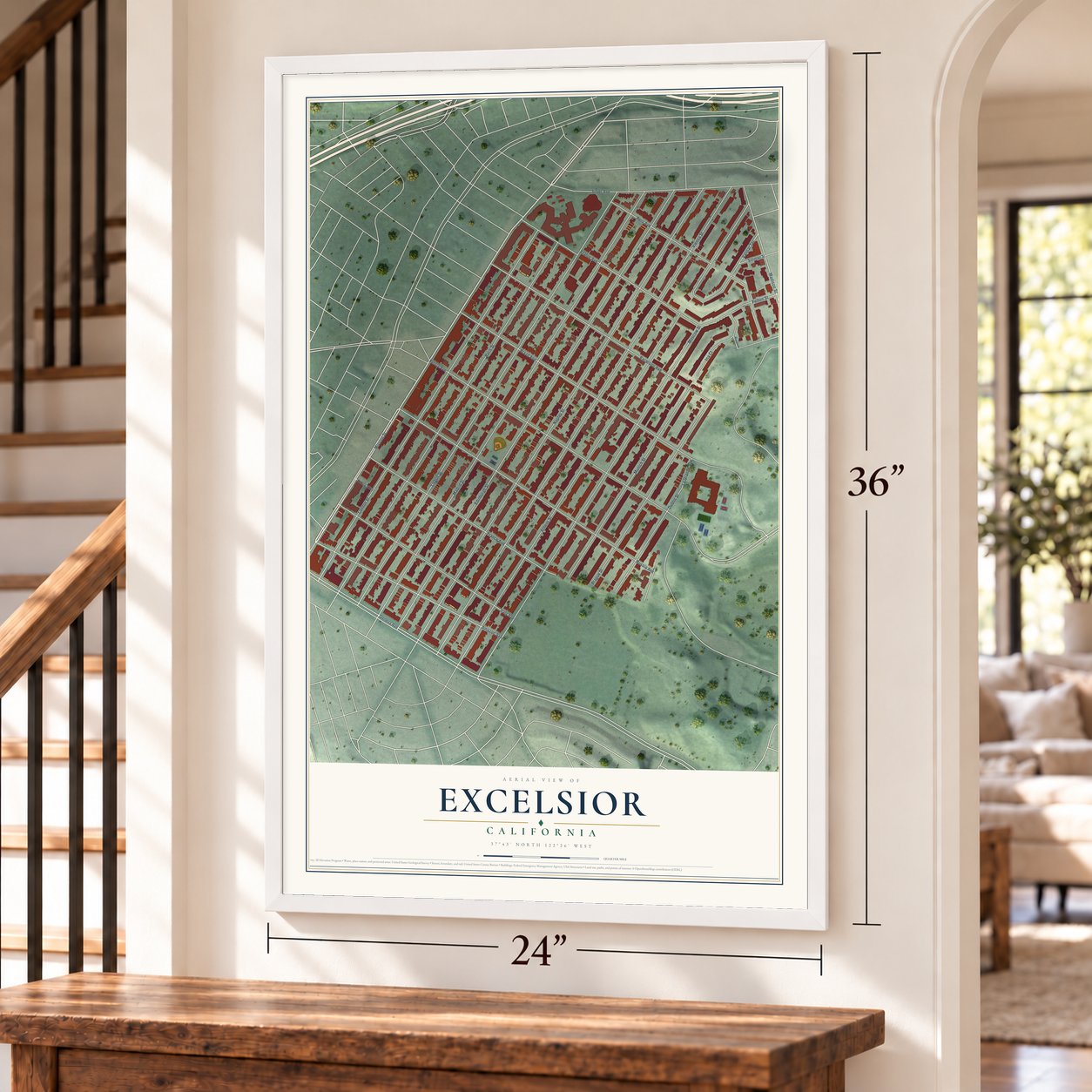 Excelsior, California map, 24 x 36 inch print in a white frame by a staircase