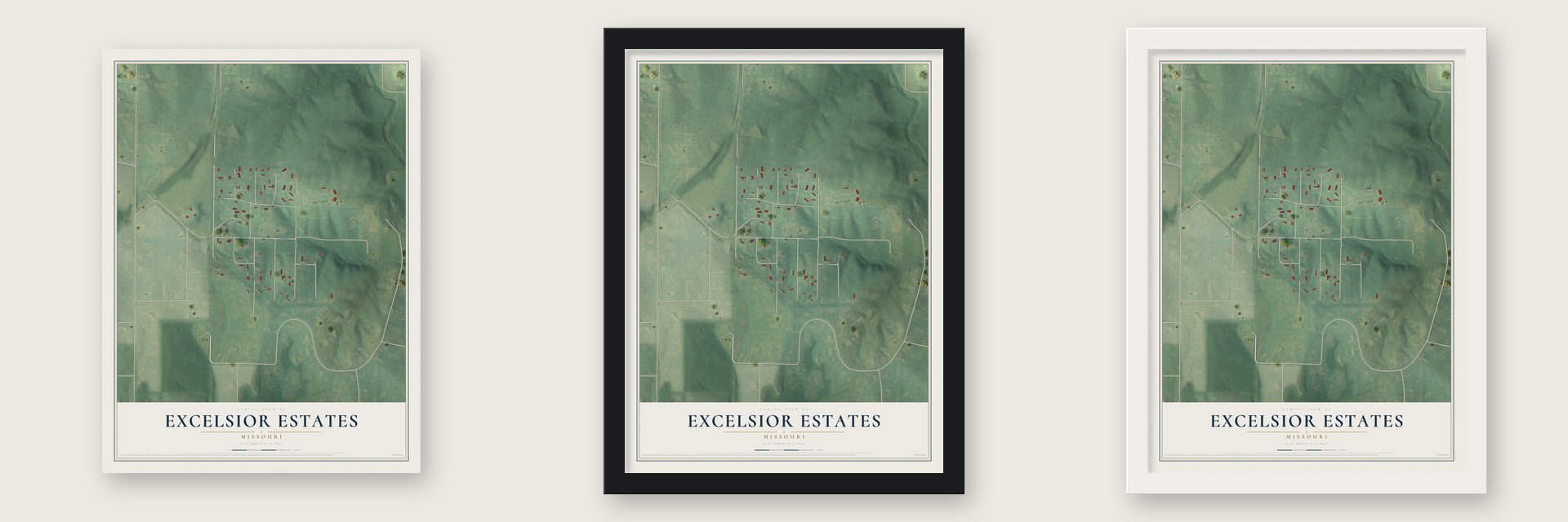 Excelsior Estates, Missouri map unframed, in a black wood frame and in a white wood frame