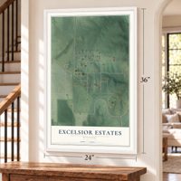Excelsior Estates, Missouri map, 24 x 36 inch print in a white frame by a staircase