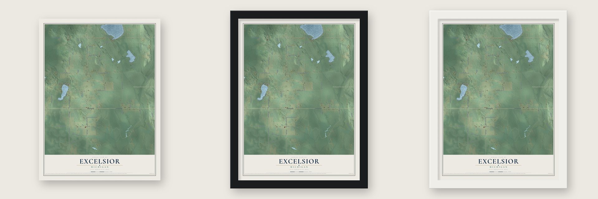 Excelsior, Michigan map unframed, in a black wood frame and in a white wood frame