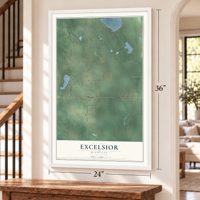 Excelsior, Michigan map, 24 x 36 inch print in a white frame by a staircase