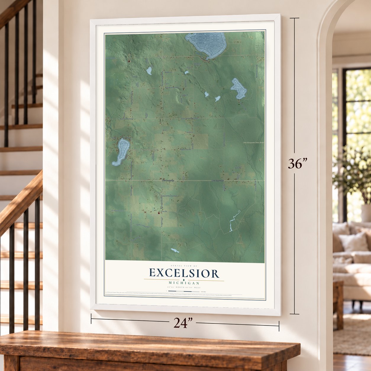 Excelsior, Michigan map, 24 x 36 inch print in a white frame by a staircase