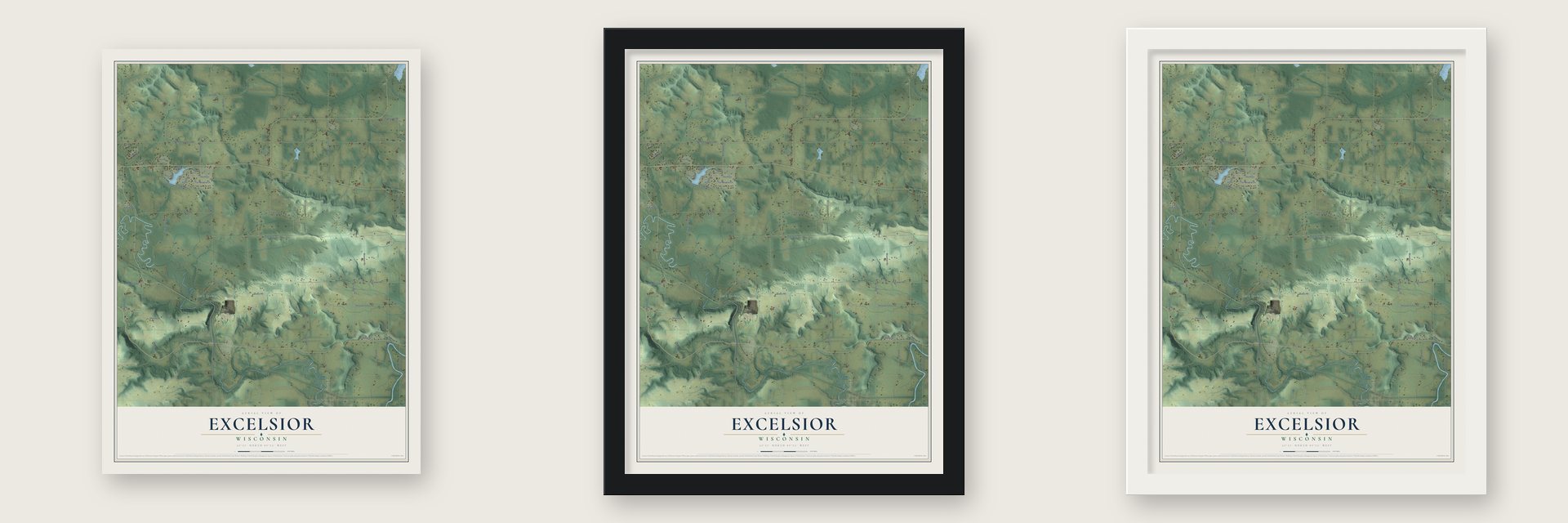 Excelsior, Wisconsin map unframed, in a black wood frame and in a white wood frame