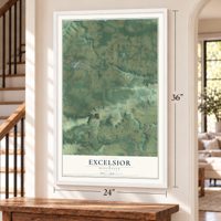 Excelsior, Wisconsin map, 24 x 36 inch print in a white frame by a staircase