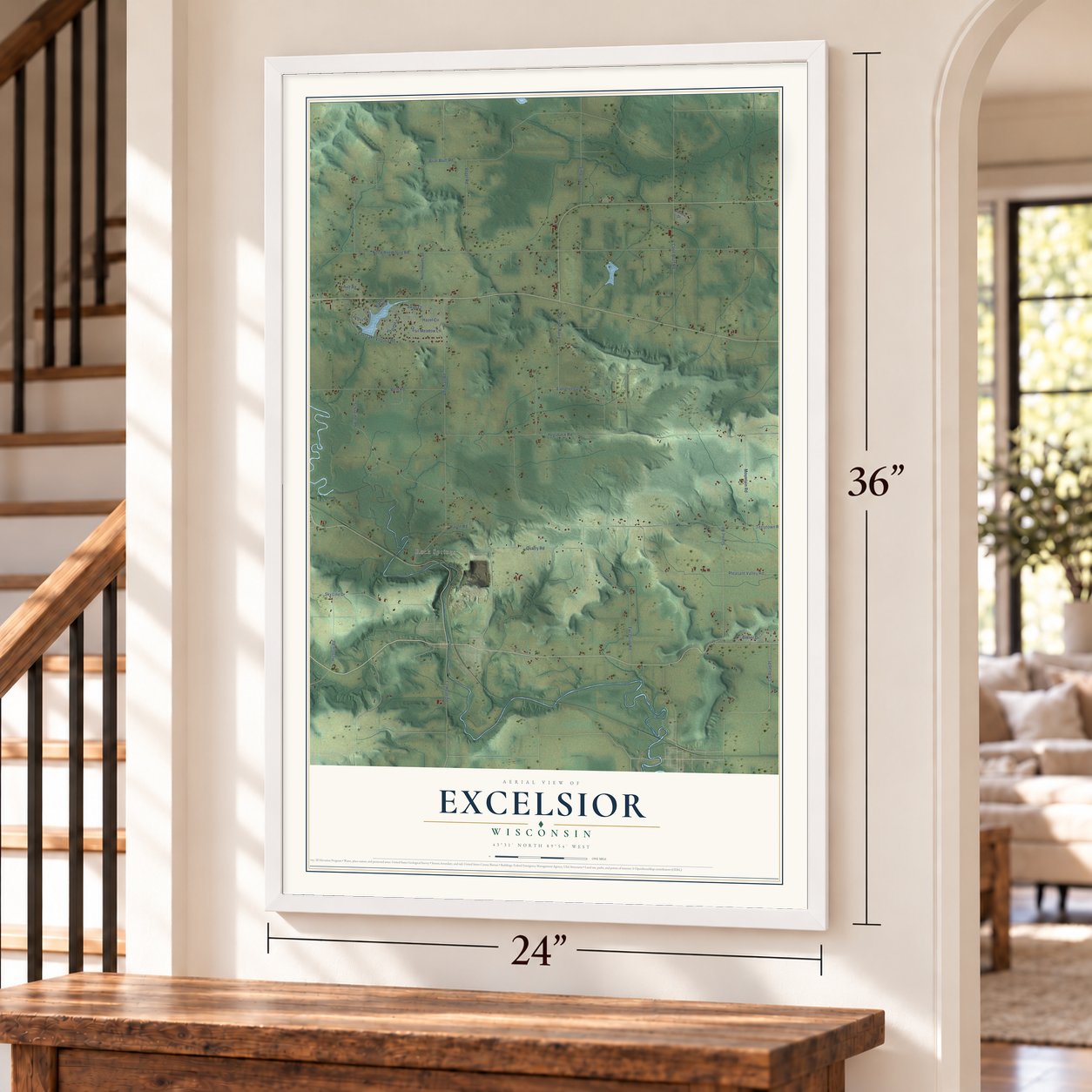Excelsior, Wisconsin map, 24 x 36 inch print in a white frame by a staircase