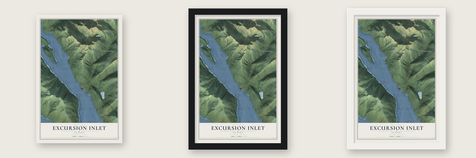 Excursion Inlet, Alaska map unframed, in a black wood frame and in a white wood frame