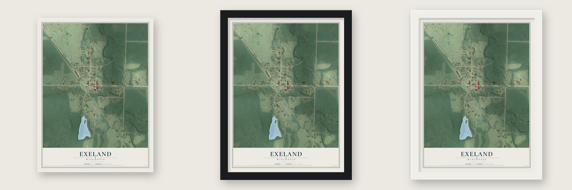 Exeland, Wisconsin map unframed, in a black wood frame and in a white wood frame