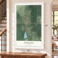 Exeland, Wisconsin map, 24 x 36 inch print in a white frame by a staircase