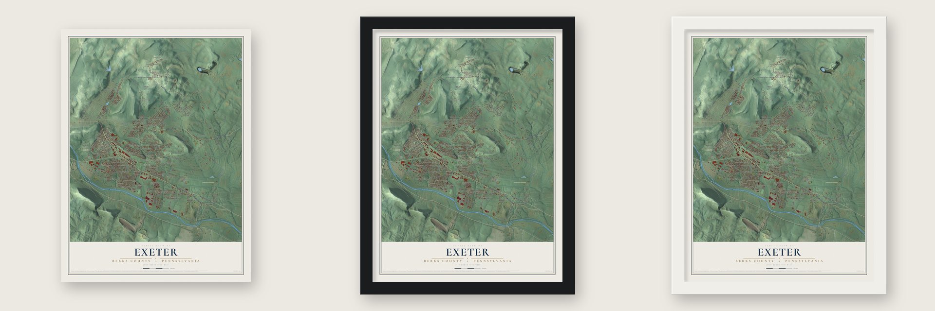 Exeter, Berks County, Pennsylvania map unframed, in a black wood frame and in a white wood frame