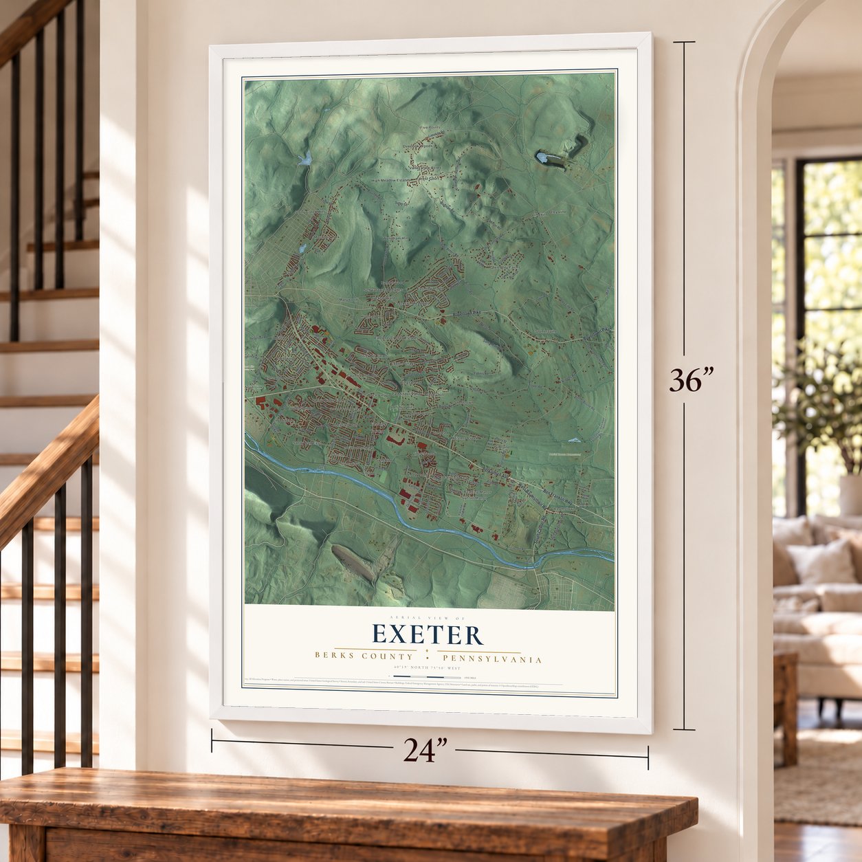 Exeter, Berks County, Pennsylvania map, 24 x 36 inch print in a white frame by a staircase