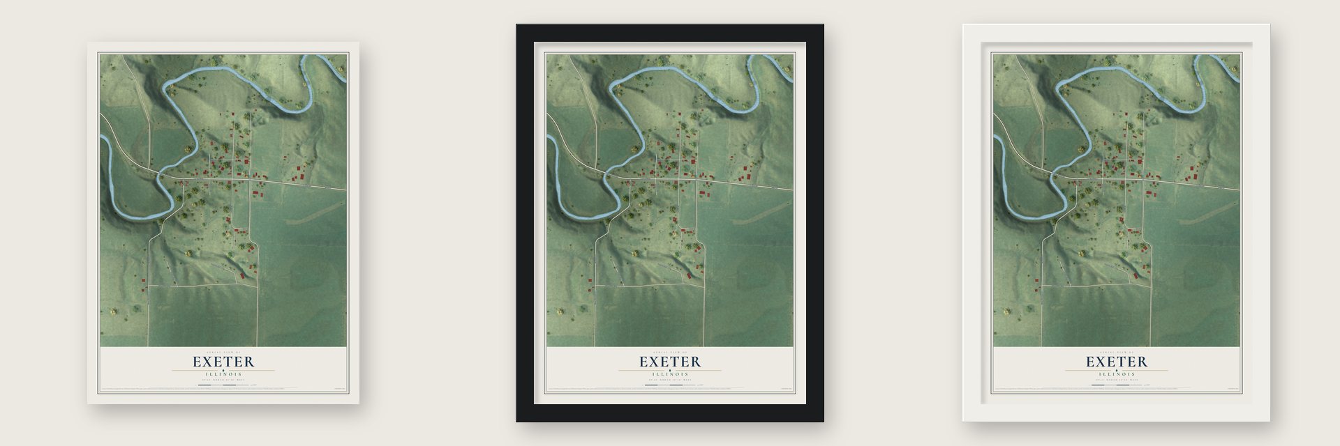Exeter, Illinois map unframed, in a black wood frame and in a white wood frame