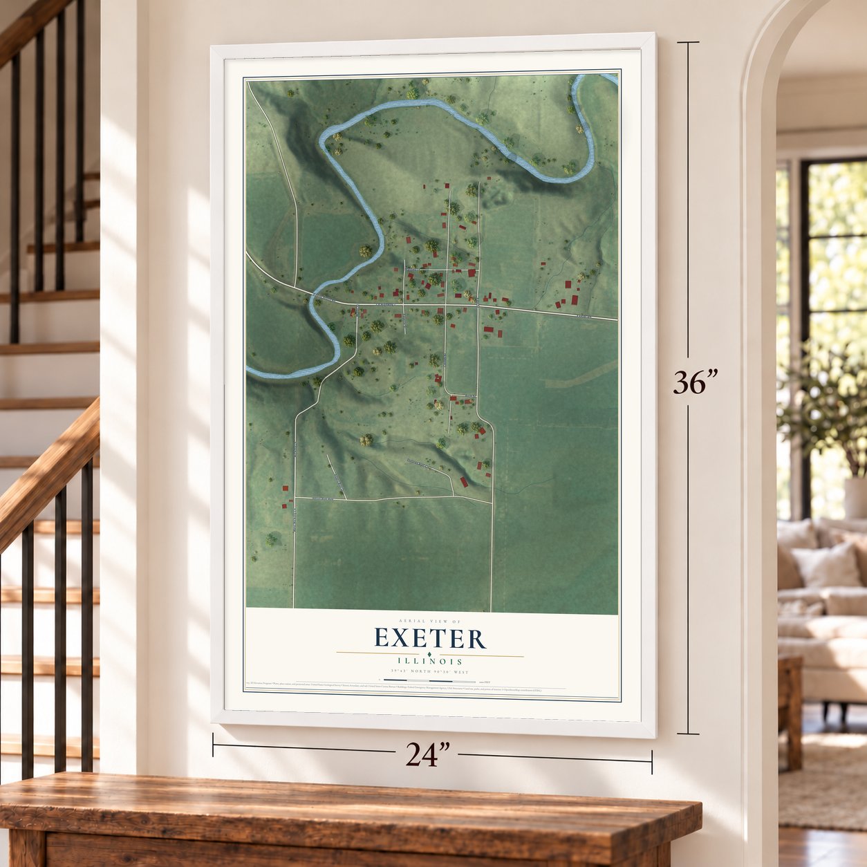 Exeter, Illinois map, 24 x 36 inch print in a white frame by a staircase