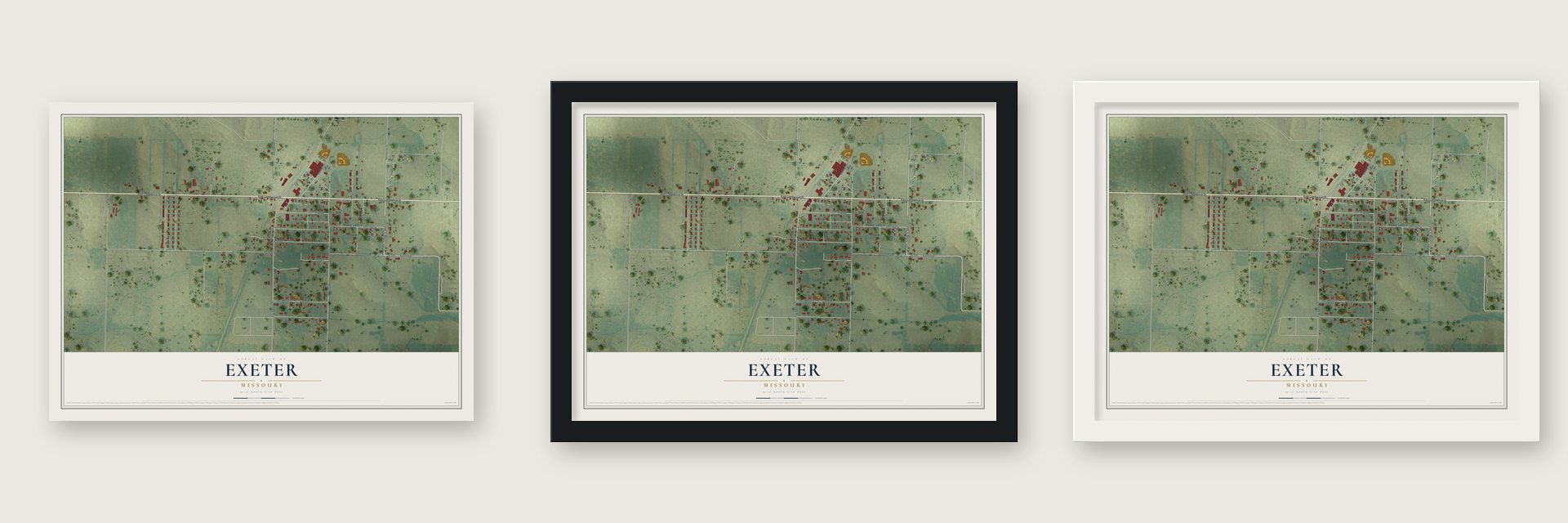 Exeter, Missouri map unframed, in a black wood frame and in a white wood frame