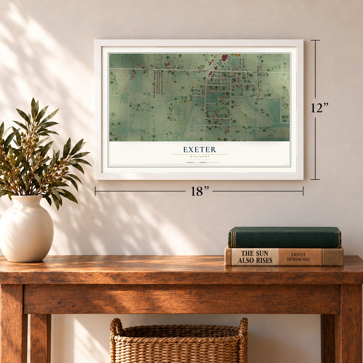 Exeter, Missouri map, 12 x 18 inch print in a white frame in an entryway
