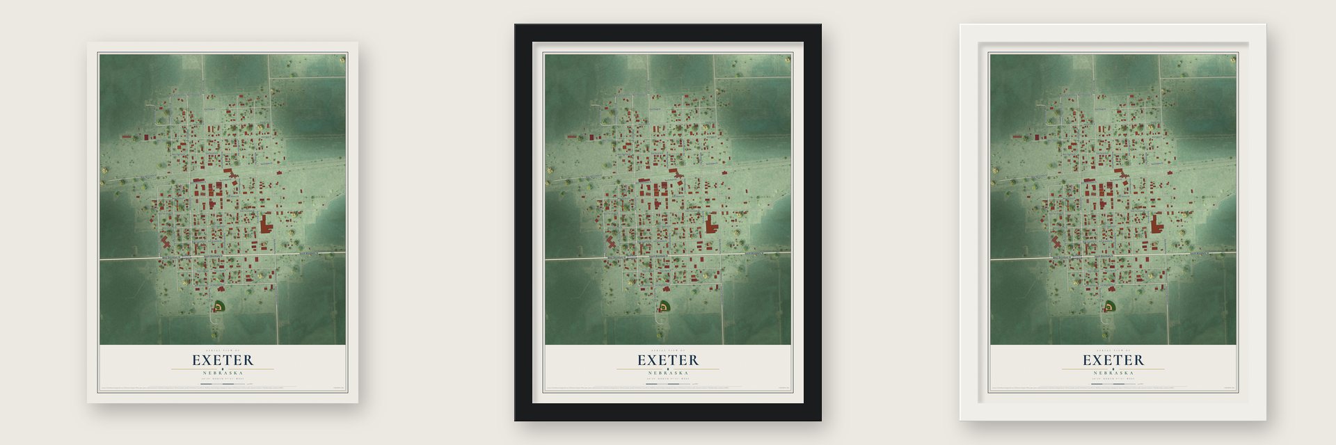 Exeter, Nebraska map unframed, in a black wood frame and in a white wood frame