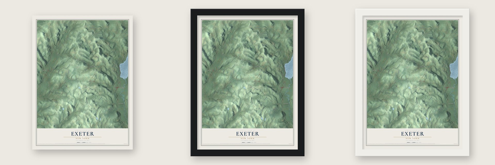 Exeter, New York map unframed, in a black wood frame and in a white wood frame