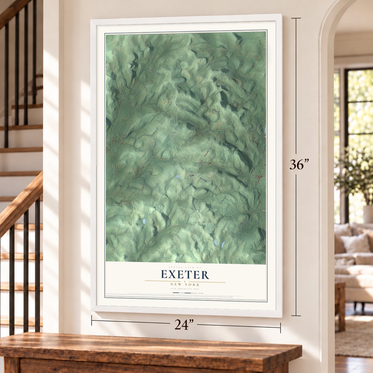 Exeter, New York map, 24 x 36 inch print in a white frame by a staircase