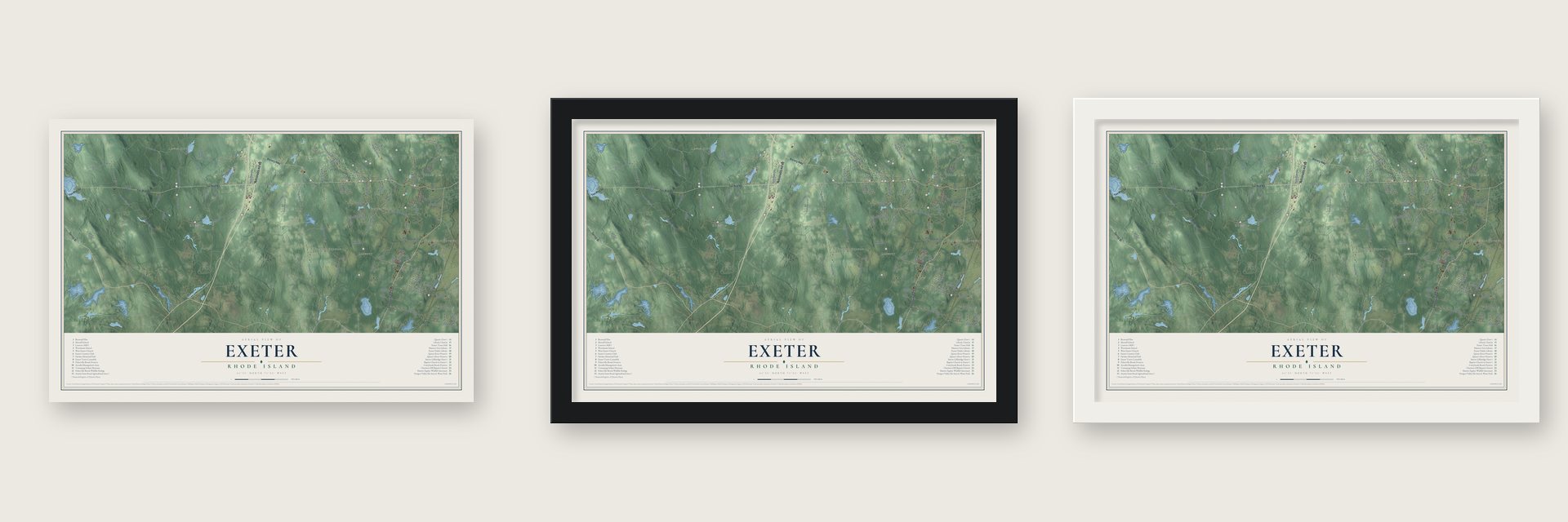 Exeter, Rhode Island map unframed, in a black wood frame and in a white wood frame