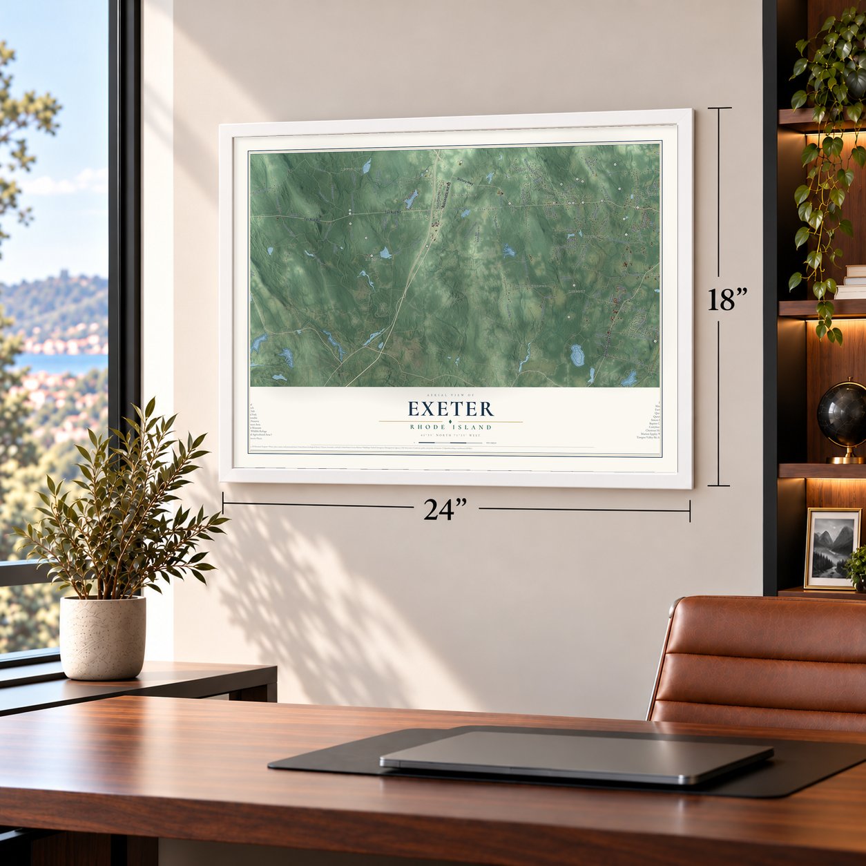 Exeter, Rhode Island map, 18 x 24 inch print in a white frame in a home office