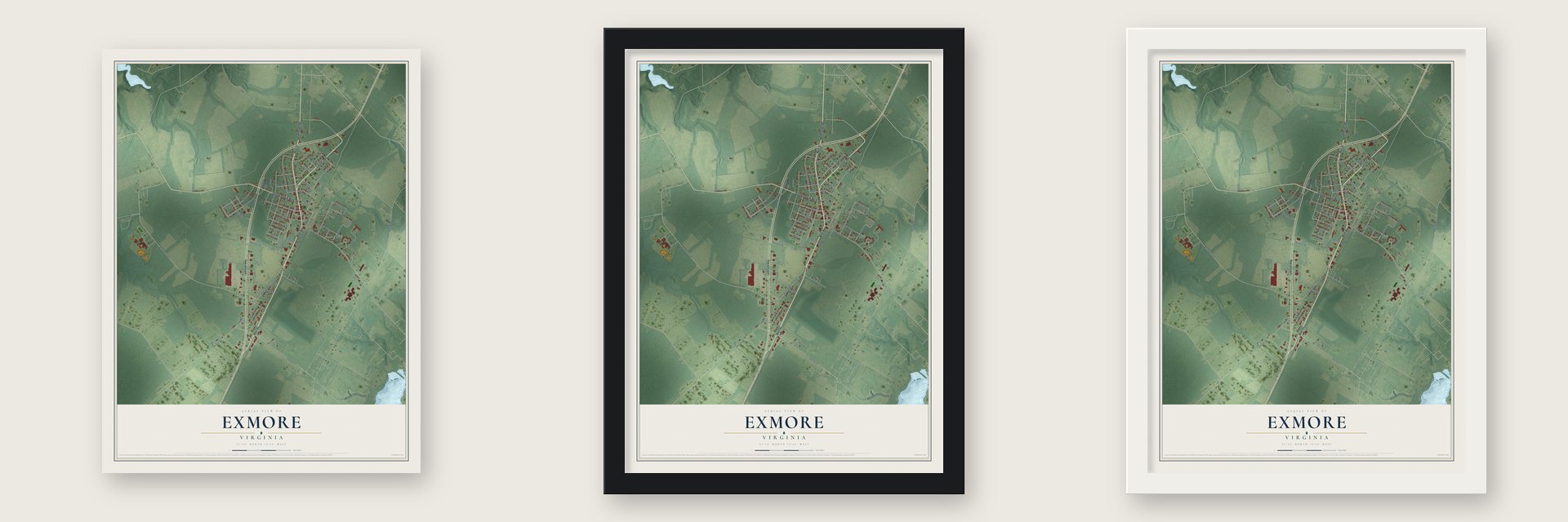 Exmore, Virginia map unframed, in a black wood frame and in a white wood frame