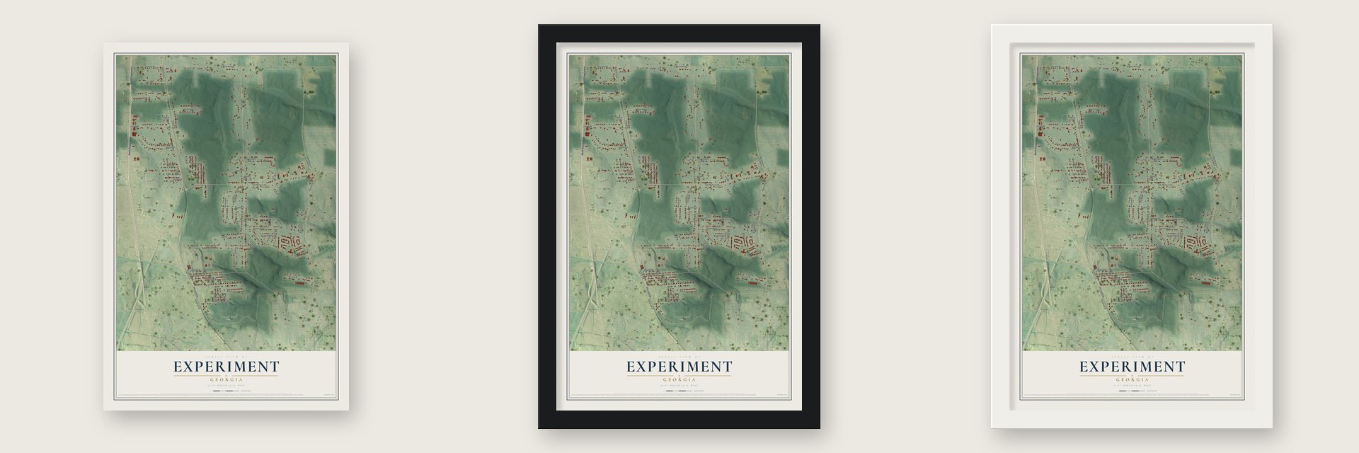 Experiment, Georgia map unframed, in a black wood frame and in a white wood frame