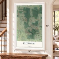 Experiment, Georgia map, 24 x 36 inch print in a white frame by a staircase