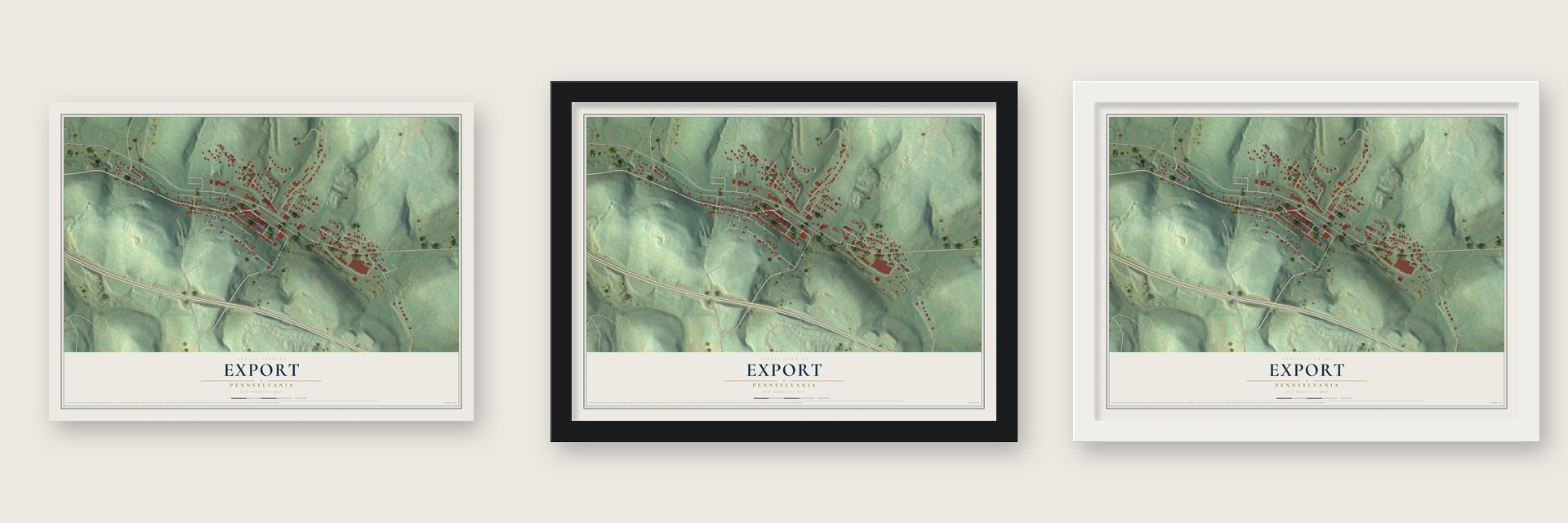 Export, Pennsylvania map unframed, in a black wood frame and in a white wood frame