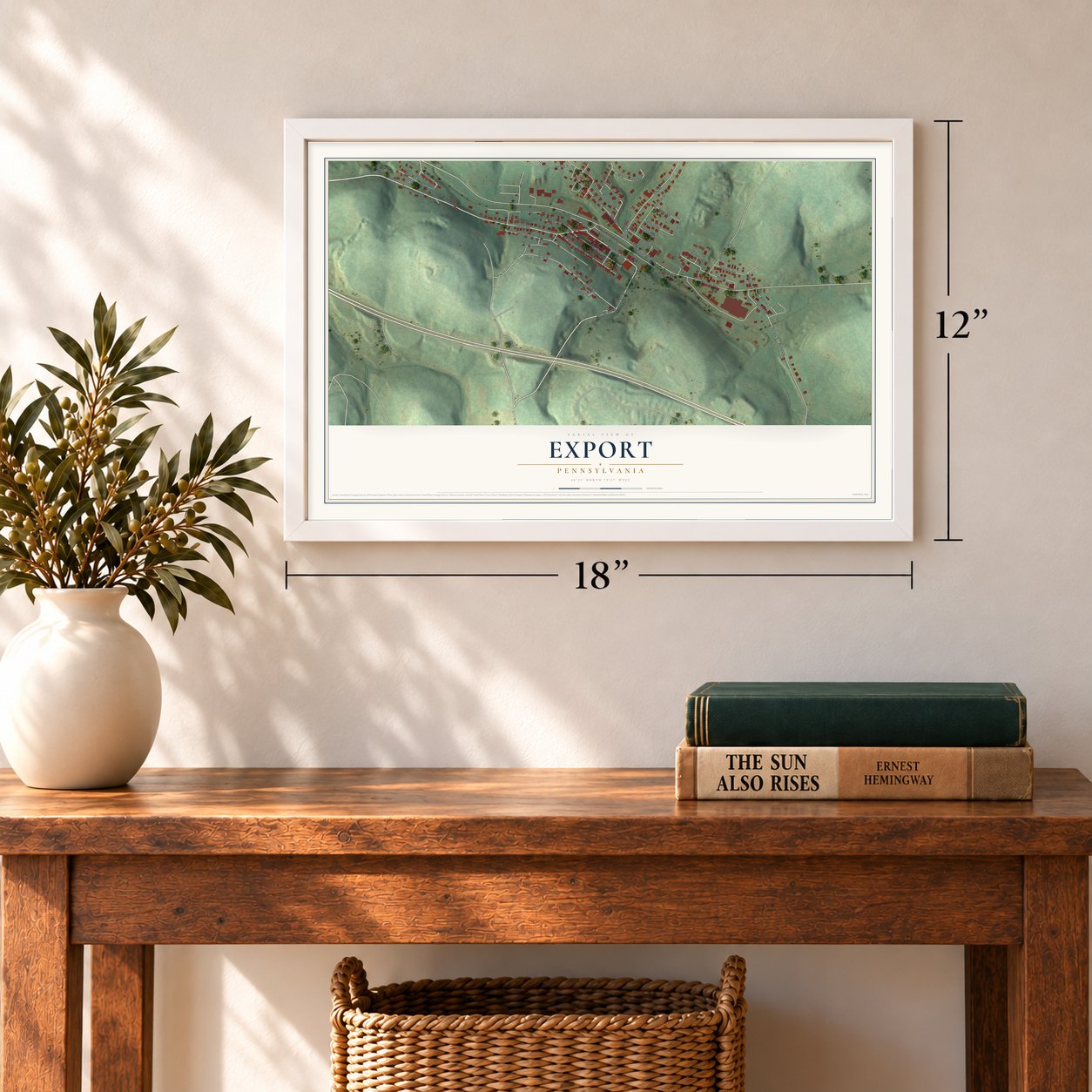 Export, Pennsylvania map, 12 x 18 inch print in a white frame in an entryway