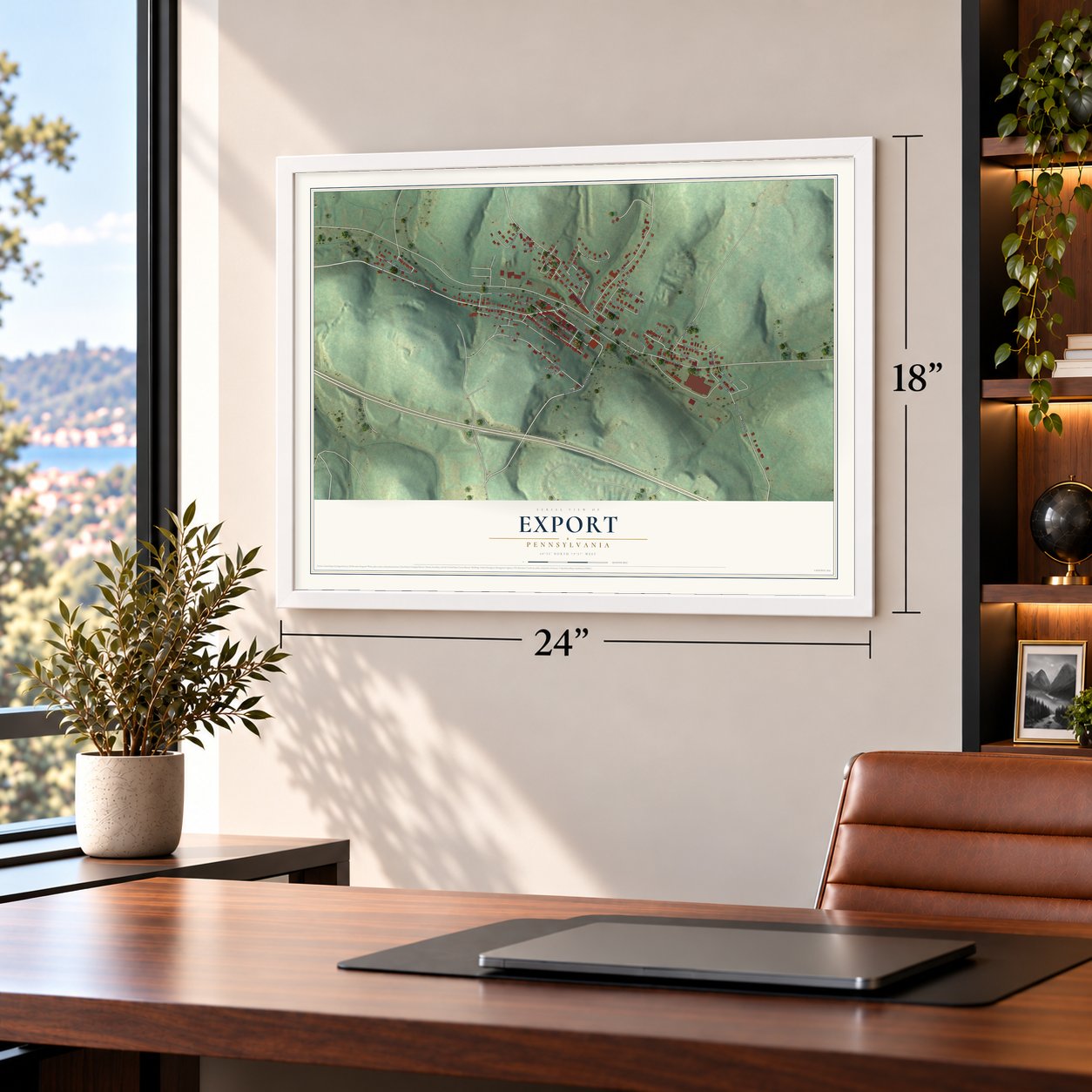 Export, Pennsylvania map, 18 x 24 inch print in a white frame in a home office